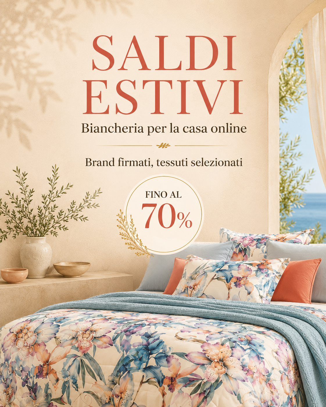 Banner mobile dei Saldi Estivi La Femina Home con biancheria da letto floreale e sconti fino al 70%