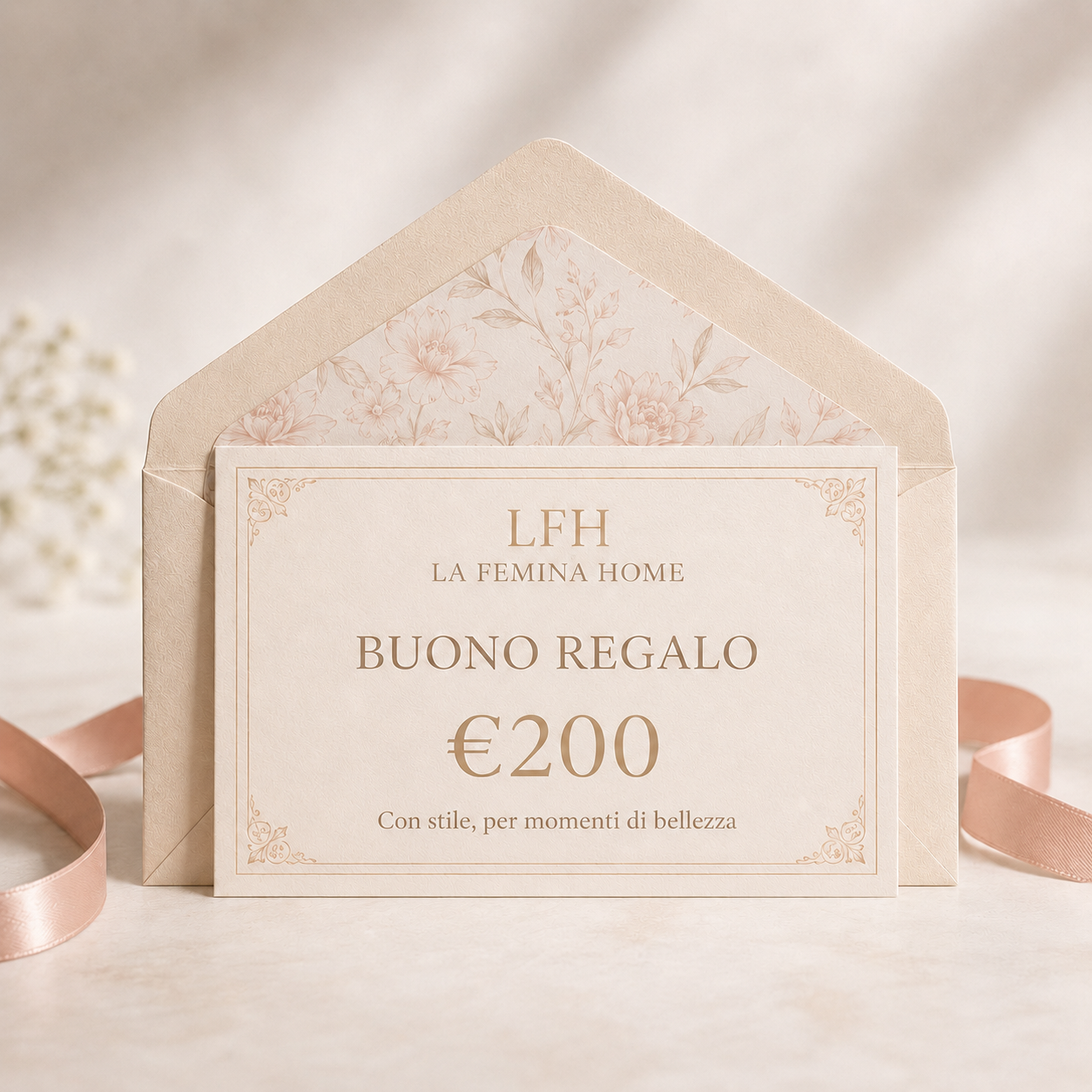 Buono regalo da 200 euro La Femina Home, ideale per scegliere biancheria per la casa regalo, tessili eleganti e prodotti firmati.