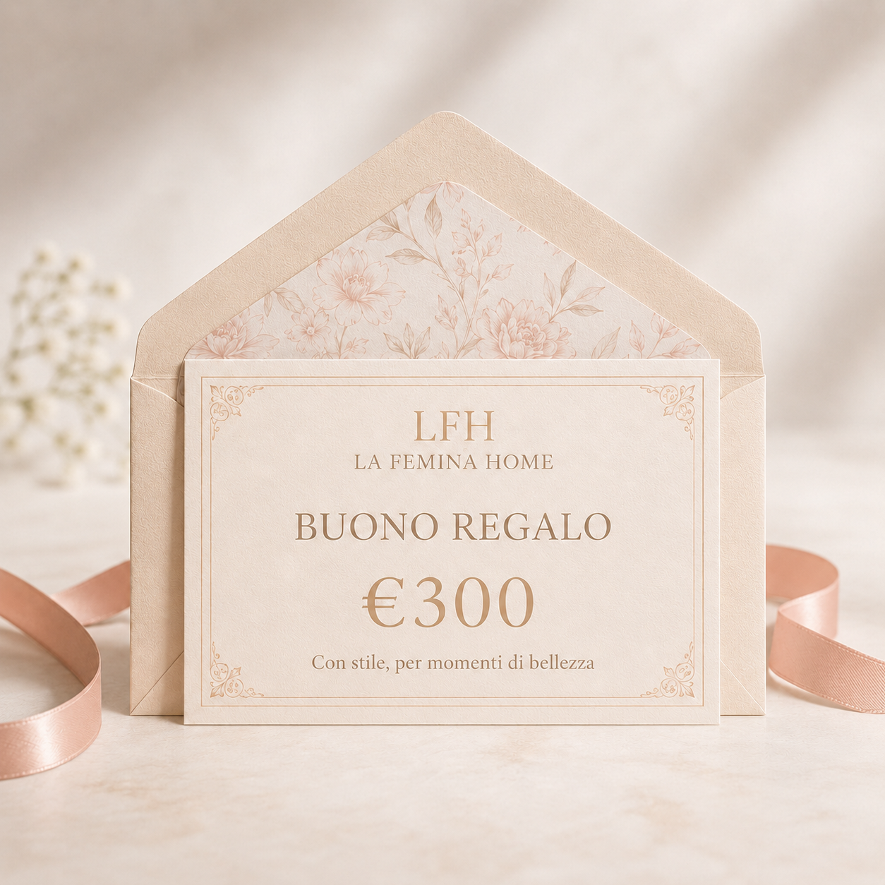 Buono regalo da 300 euro La Femina Home, perfetto come regalo per sposi eleganti, corredo, biancheria casa e tessili raffinati.