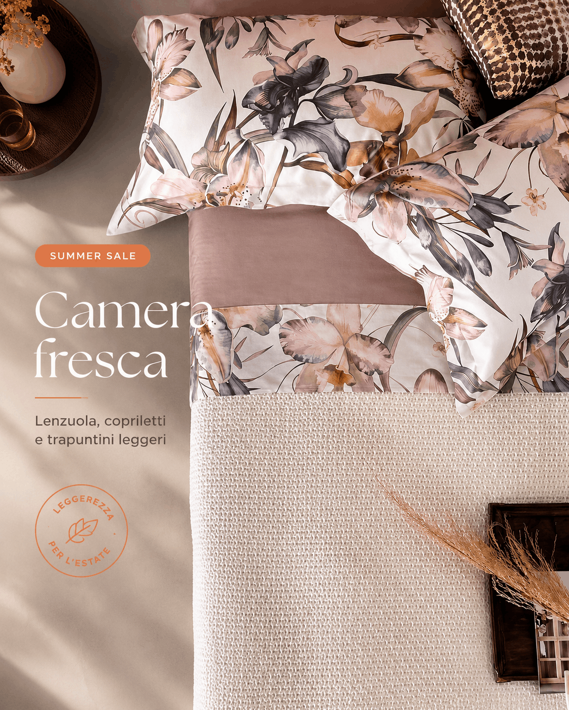 Camera fresca con lenzuola floreali, copriletti e trapuntini leggeri per i Saldi Estivi La Femina Home