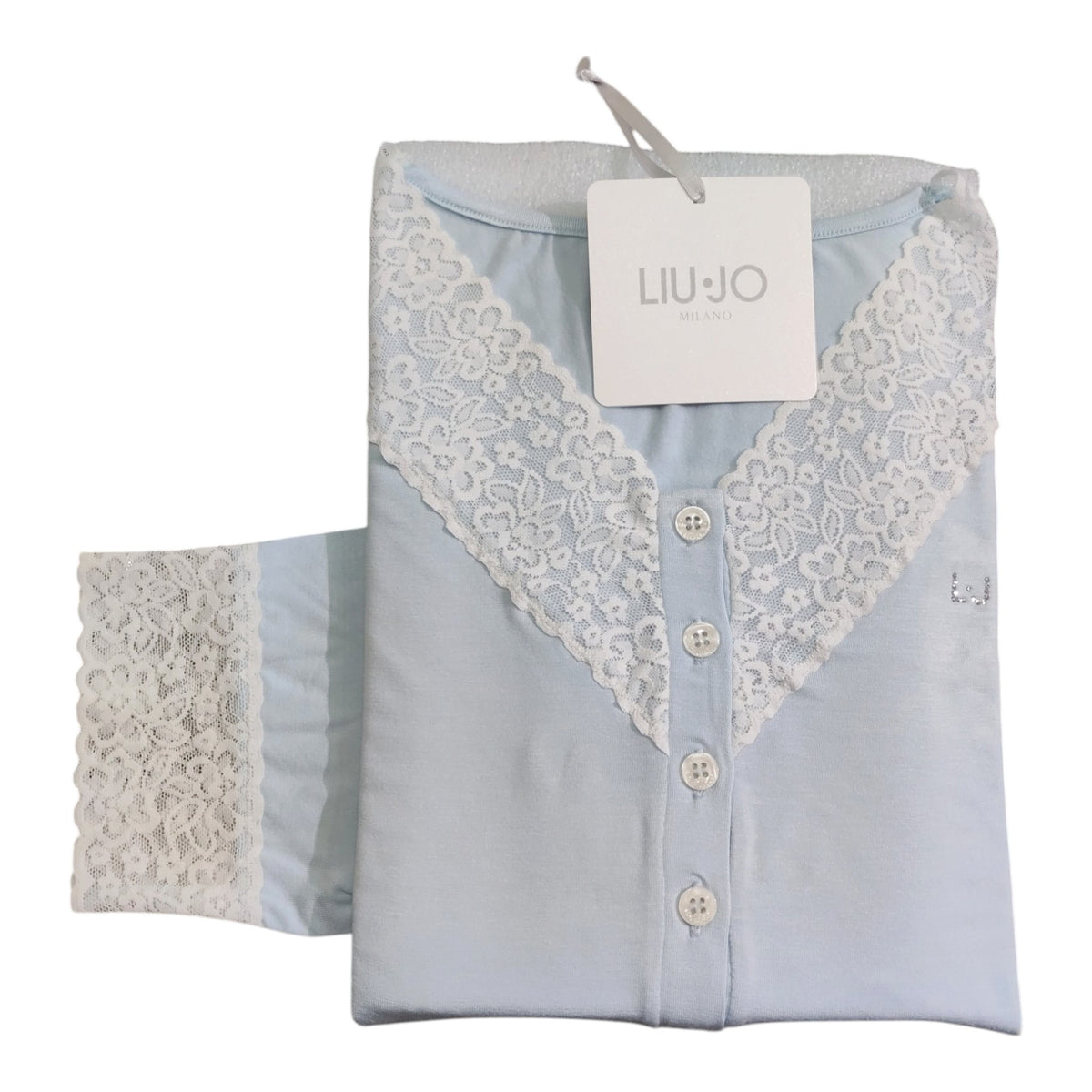 Camicia da notte Liu Jo DL0132 azzurra con scollo e polsi in pizzo floreale bianco