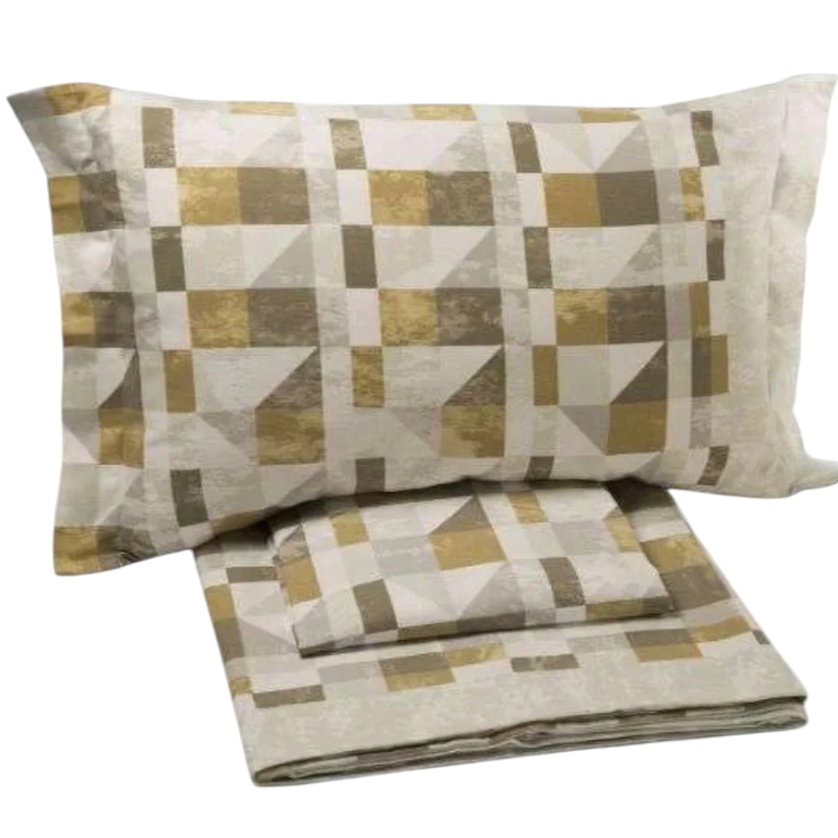 Completo lenzuola Cromatic Caleffi in flanella Oro con disegno geometrico nelle tonalità dorate e tortora.