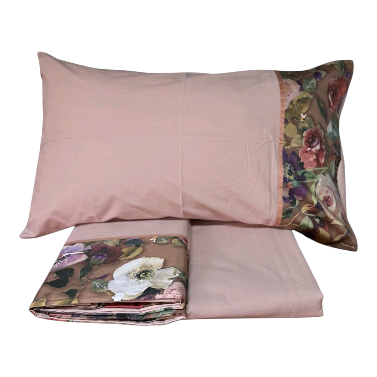 Completo lenzuola matrimoniale Nettare Fazzini rosa in flanella con dettagli floreali