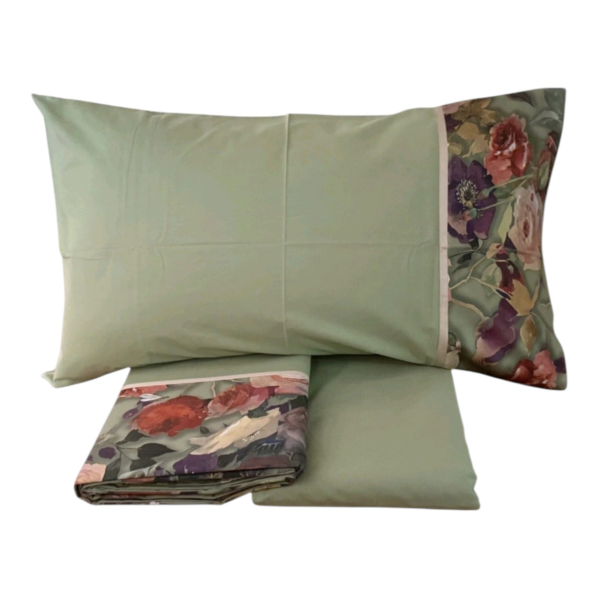 Completo lenzuola Nettare Fazzini verde con federe floreali in flanella di cotone