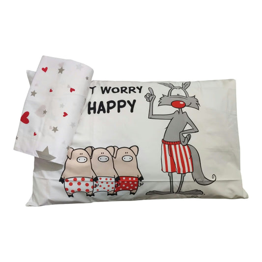 Completo lenzuola singolo Happy People Stelle e Cuori con federa illustrata, lupo e porcellini