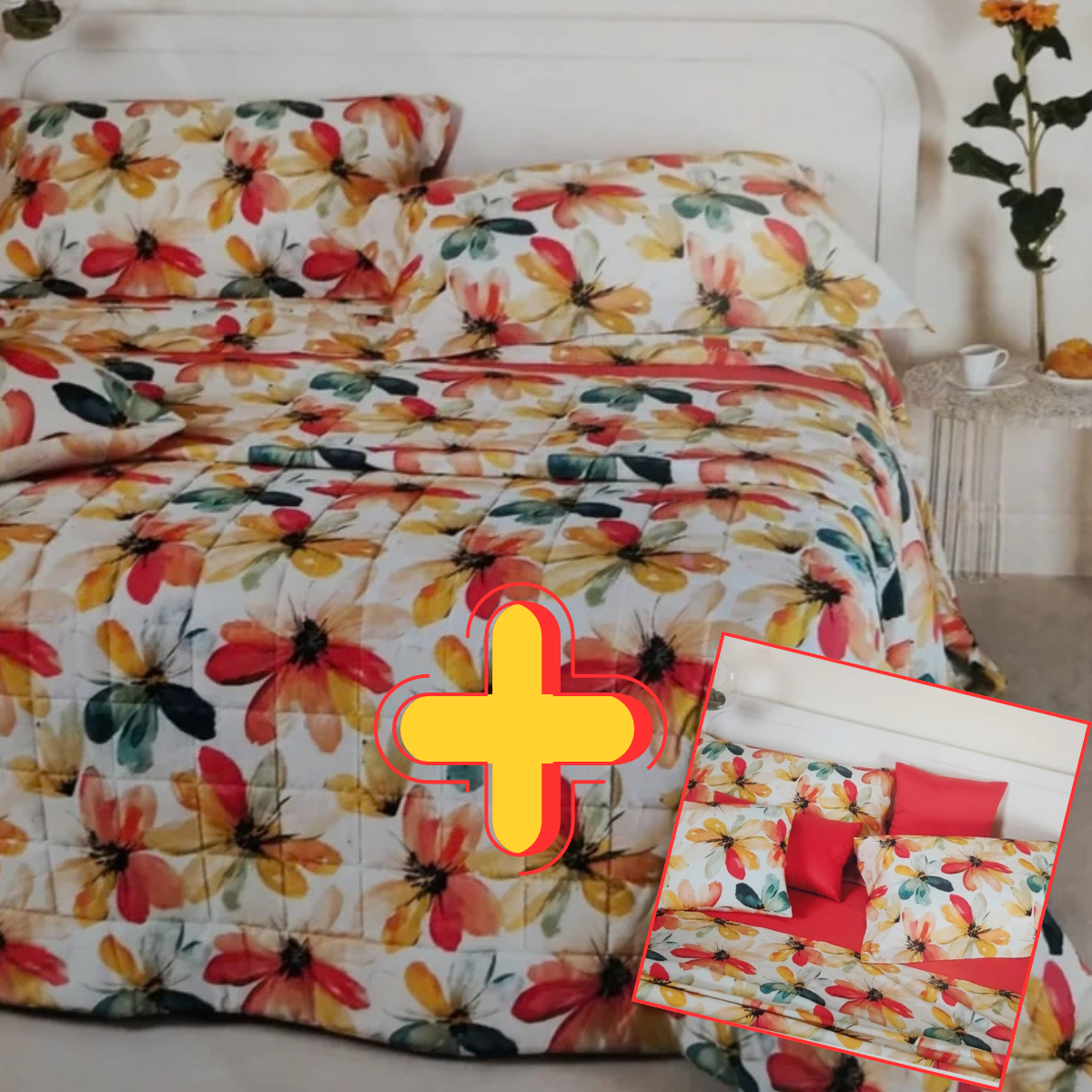 Completo trapuntino e lenzuola Alicia Neith con fantasia floreale coordinata per letto matrimoniale