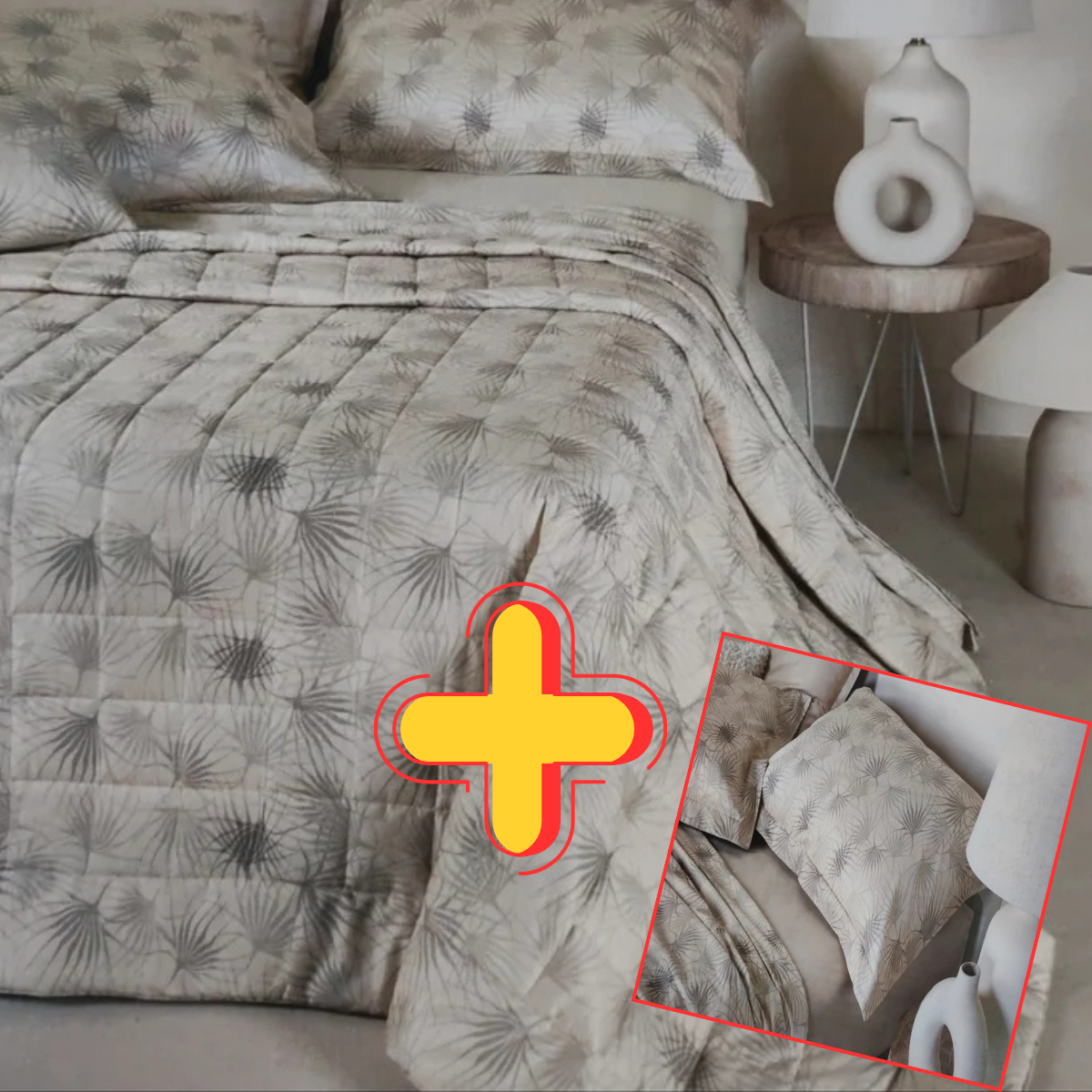 Completo trapuntino e lenzuola Melody Neith con fantasia botanica coordinata per letto matrimoniale