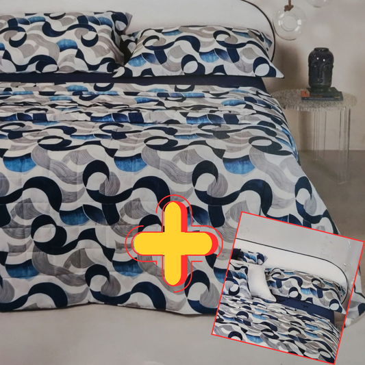 Completo trapuntino e lenzuola Plinio Neith con fantasia geometrica coordinata per letto matrimoniale