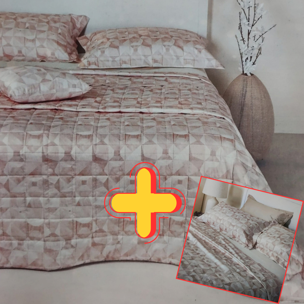 Completo trapuntino e lenzuola Zinia Neith con fantasia geometrica coordinata per letto matrimoniale