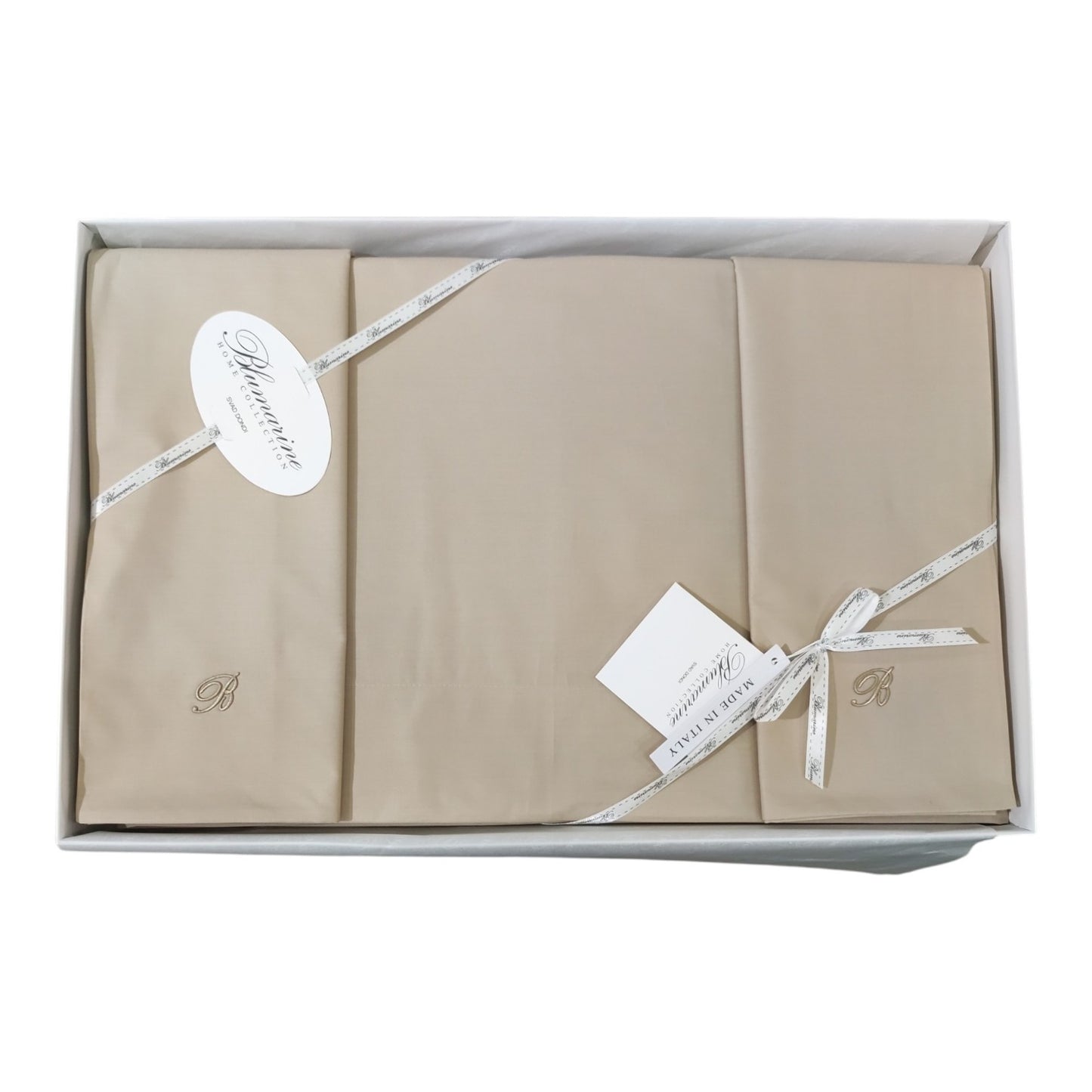 Completo lenzuola matrimoniale Blumarine Home Stile Blu in percalle di cotone 200 TC con federe a sacchetto e monogramma B ricamato
