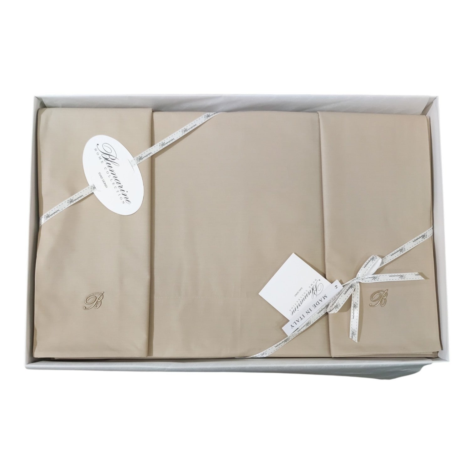 Completo lenzuola matrimoniale Blumarine Home Stile Blu in percalle di cotone 200 TC con federe a sacchetto e monogramma B ricamato