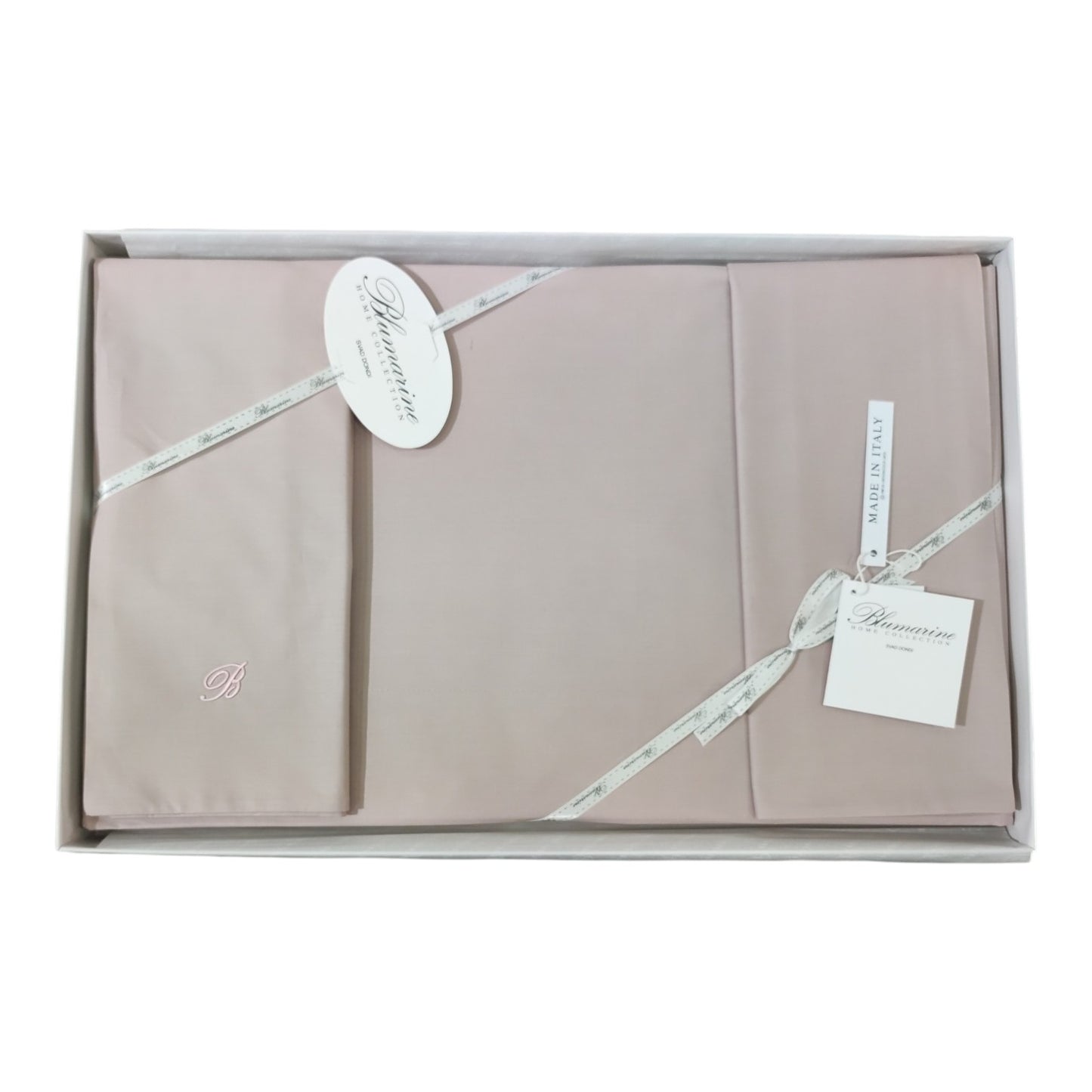 Completo lenzuola matrimoniale Blumarine Home Stile Blu in percalle di cotone 200 TC con federe a sacchetto e monogramma B ricamato