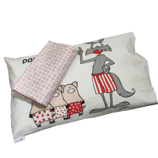 Completo lenzuola Happy People con lupo e porcellini sulla federa e tessuto a quadretti rosa