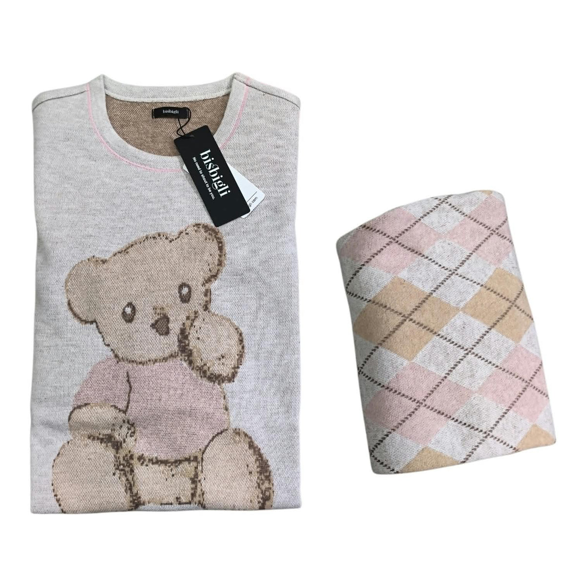 Completo pigiama donna Bisbigli con orsetto sulla maglia e pantaloni lunghi fantasia a rombi