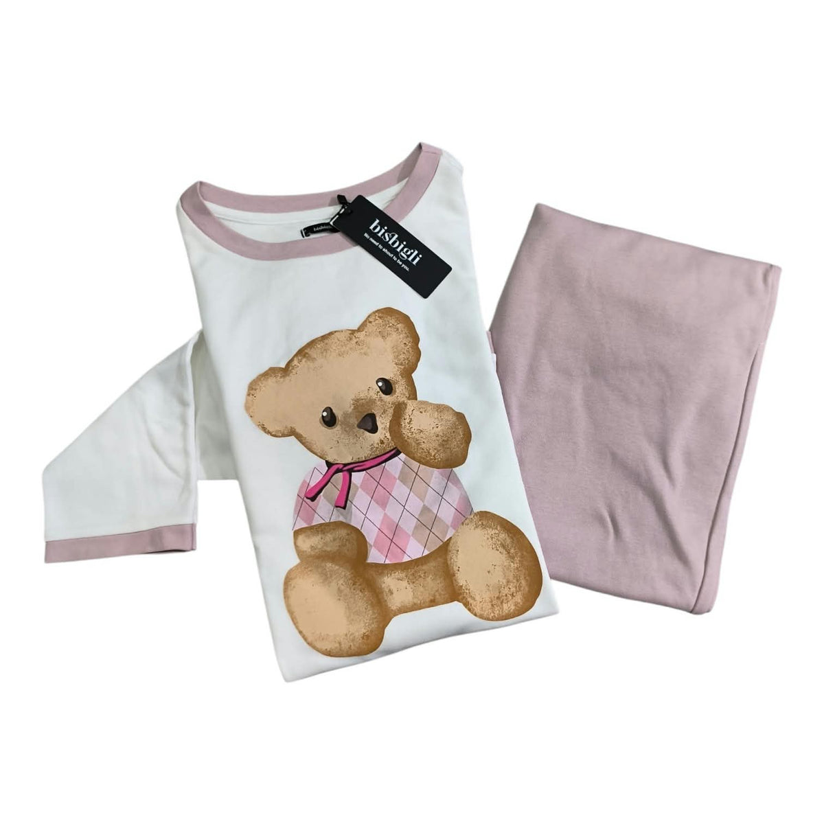 Completo pigiama donna Bisbigli panna e orchidea con maglia a orsetto e pantalone lungo rosa