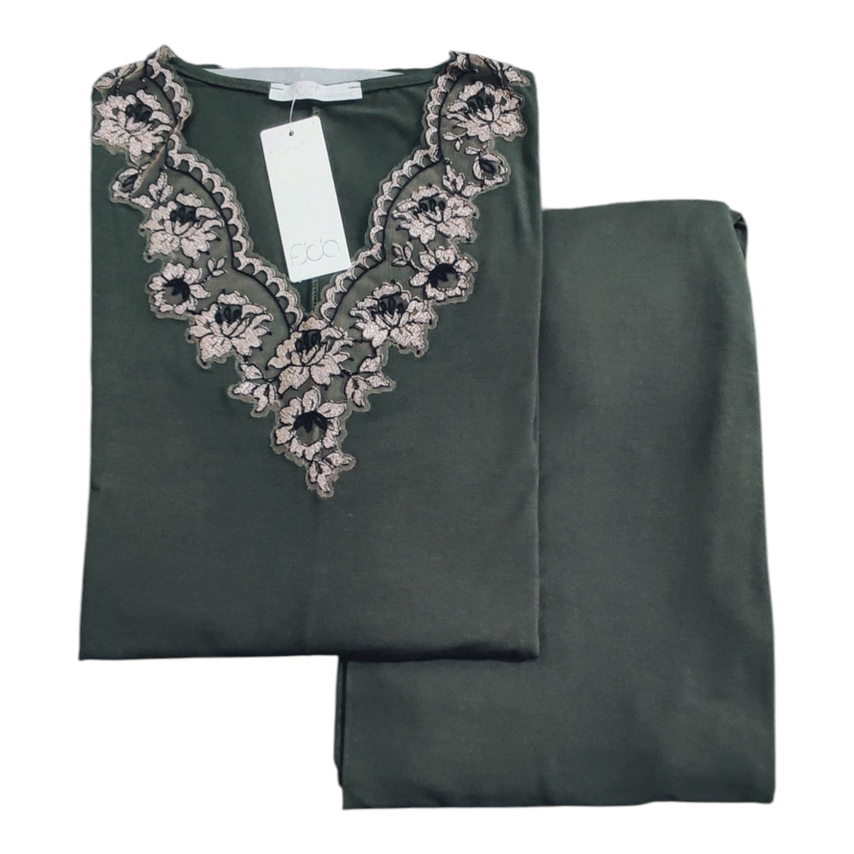 Pigiama donna Fida I2701 in modal a manica lunga con scollatura in pizzo floreale e pantalone lungo