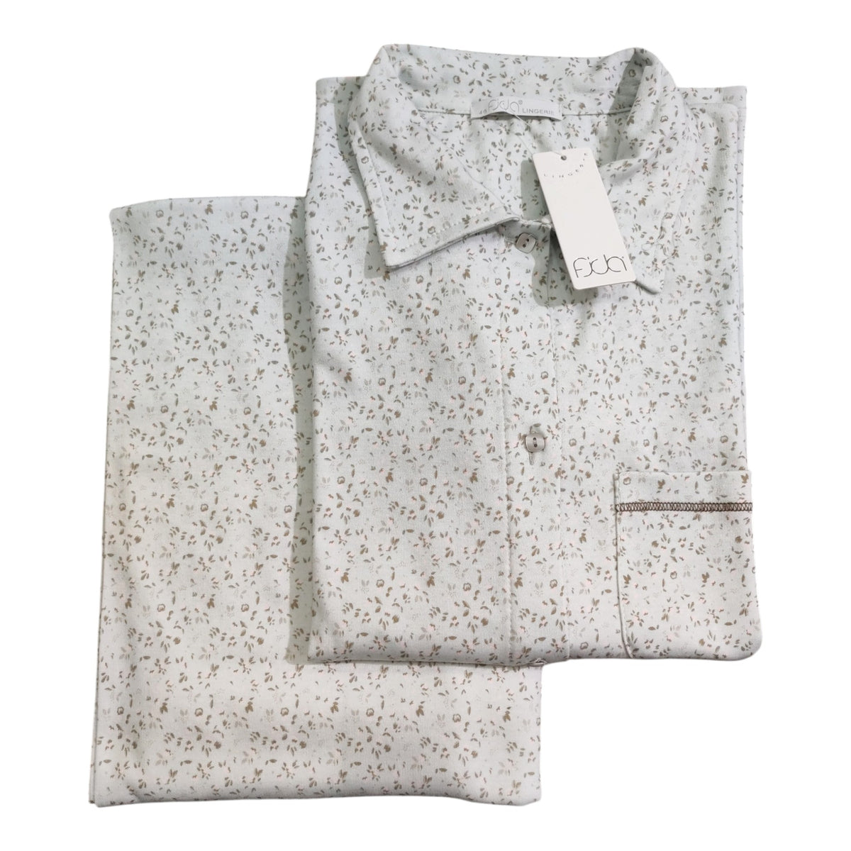 Pigiama donna Fida I2729 in caldo cotone con casacca aperta con bottoni, taschino e pantalone lungo a fantasia floreale.