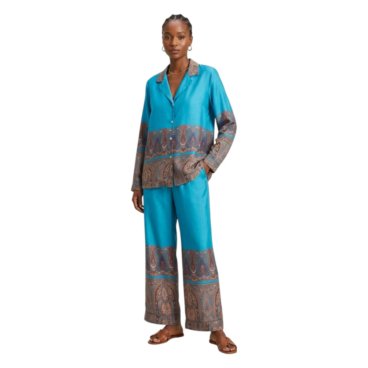 Pigiama donna Filo D'Angelo Orchidea Paisley Ottanio in raso, camicia con bottoni e pantalone lungo