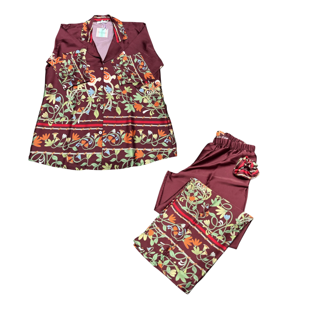 Completo pigiama Filo D'Angelo Positano Moro con camicia bordeaux stampata e pantalone coordinato