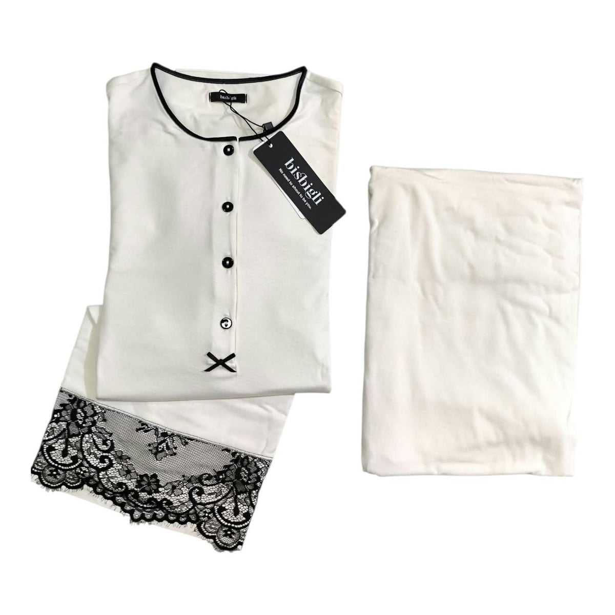 Pigiama donna modal Bisbigli Panna composto da maglia serafino con pizzo nero e pantalone lungo