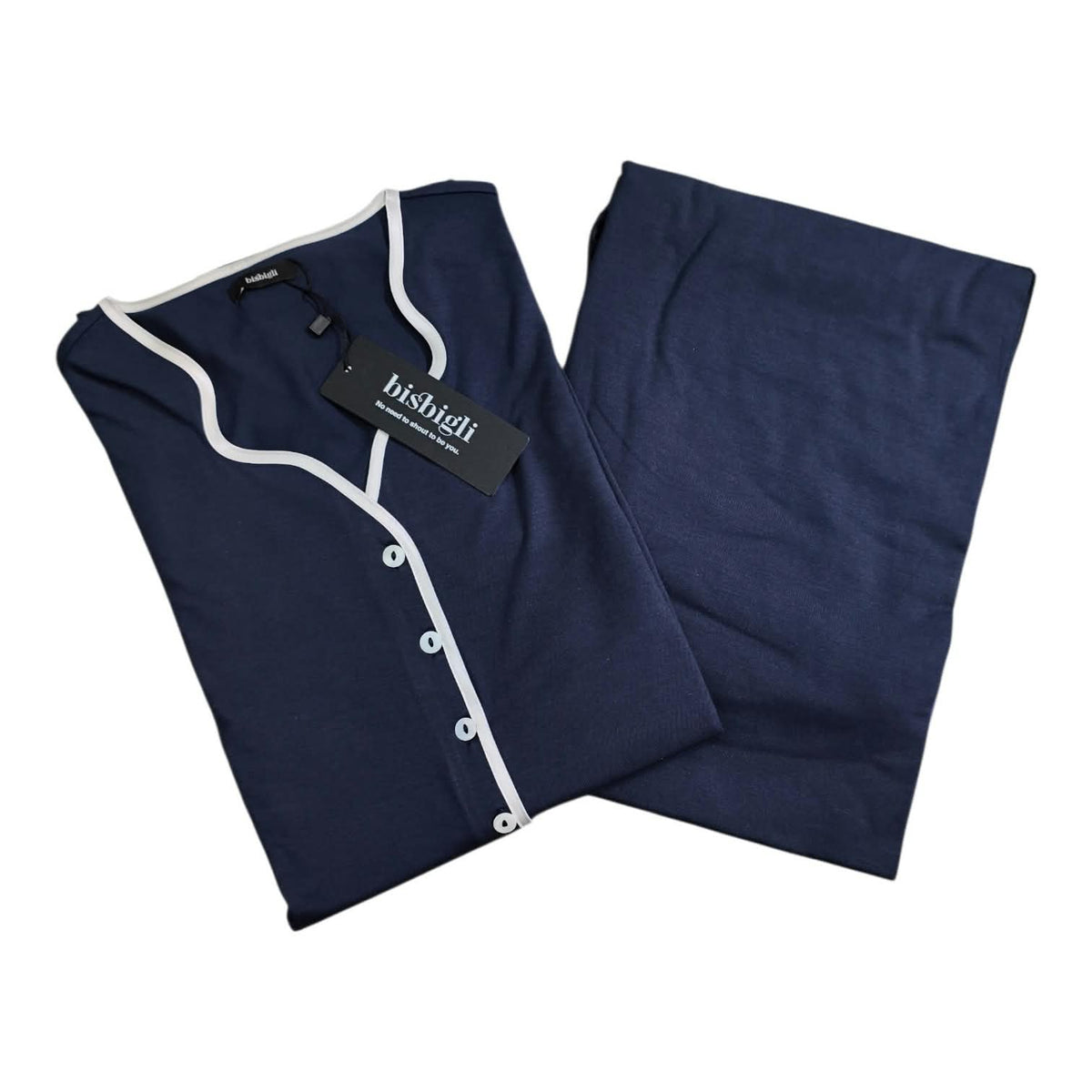 Pigiama donna modal Bisbigli con bottoni, scollo serafino bianco e pantalone lungo coordinato.