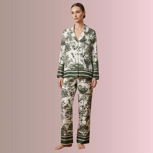 Pigiama Orchidea Safari Verde indossato, camicia con bottoni e pantalone lungo con fantasia naturalistica