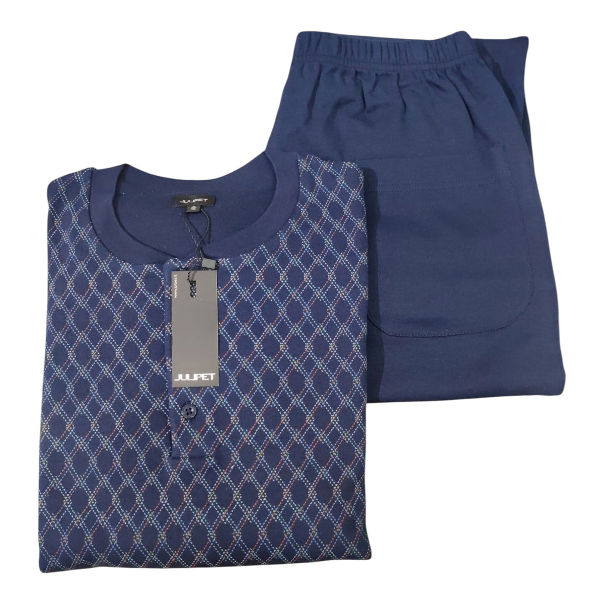 Completo Julipet Venezia con maglia serafino a rombi e pantalone tinta unita