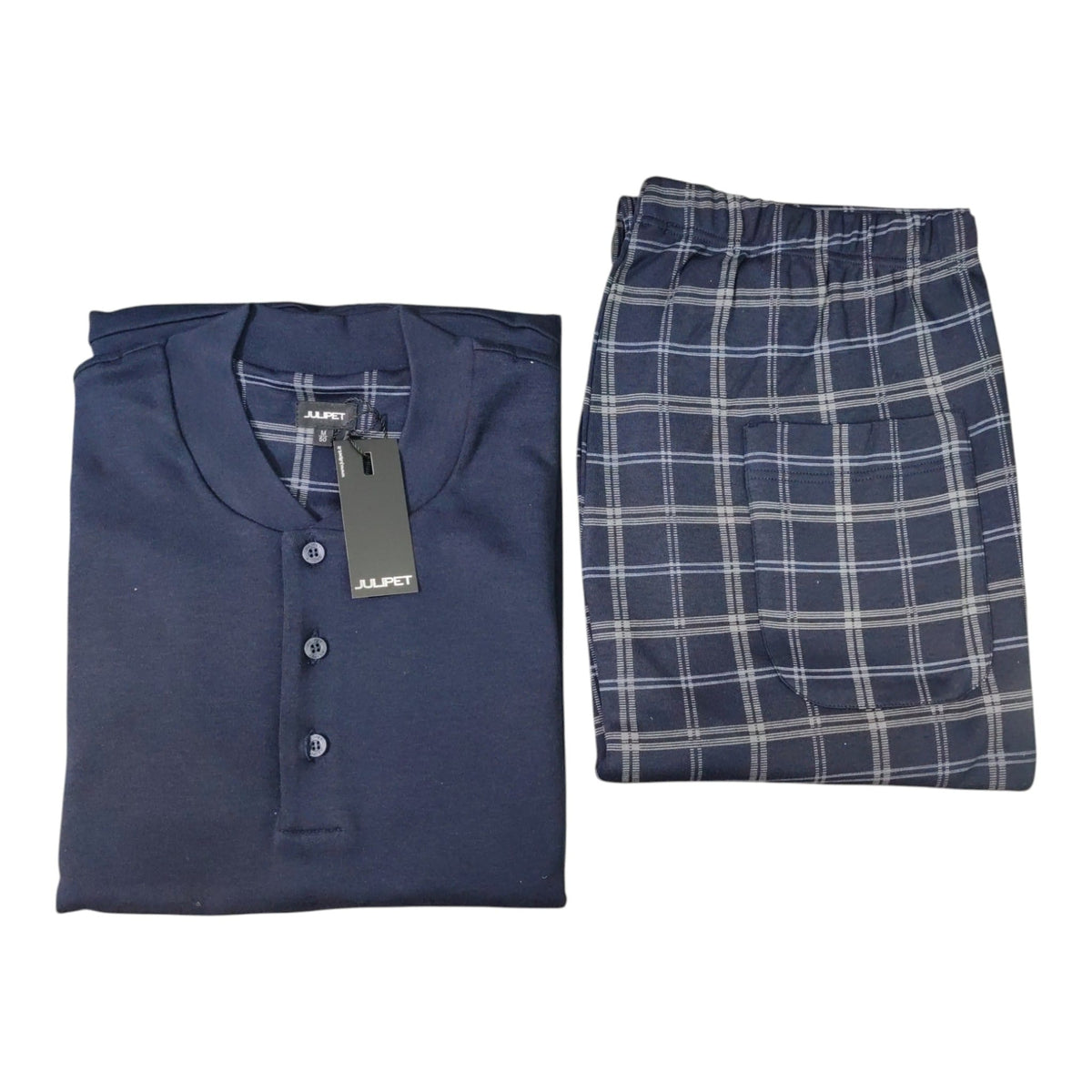 Pigiama uomo Julipet JAL908 blu con pantalone scozzese in cotone e modal