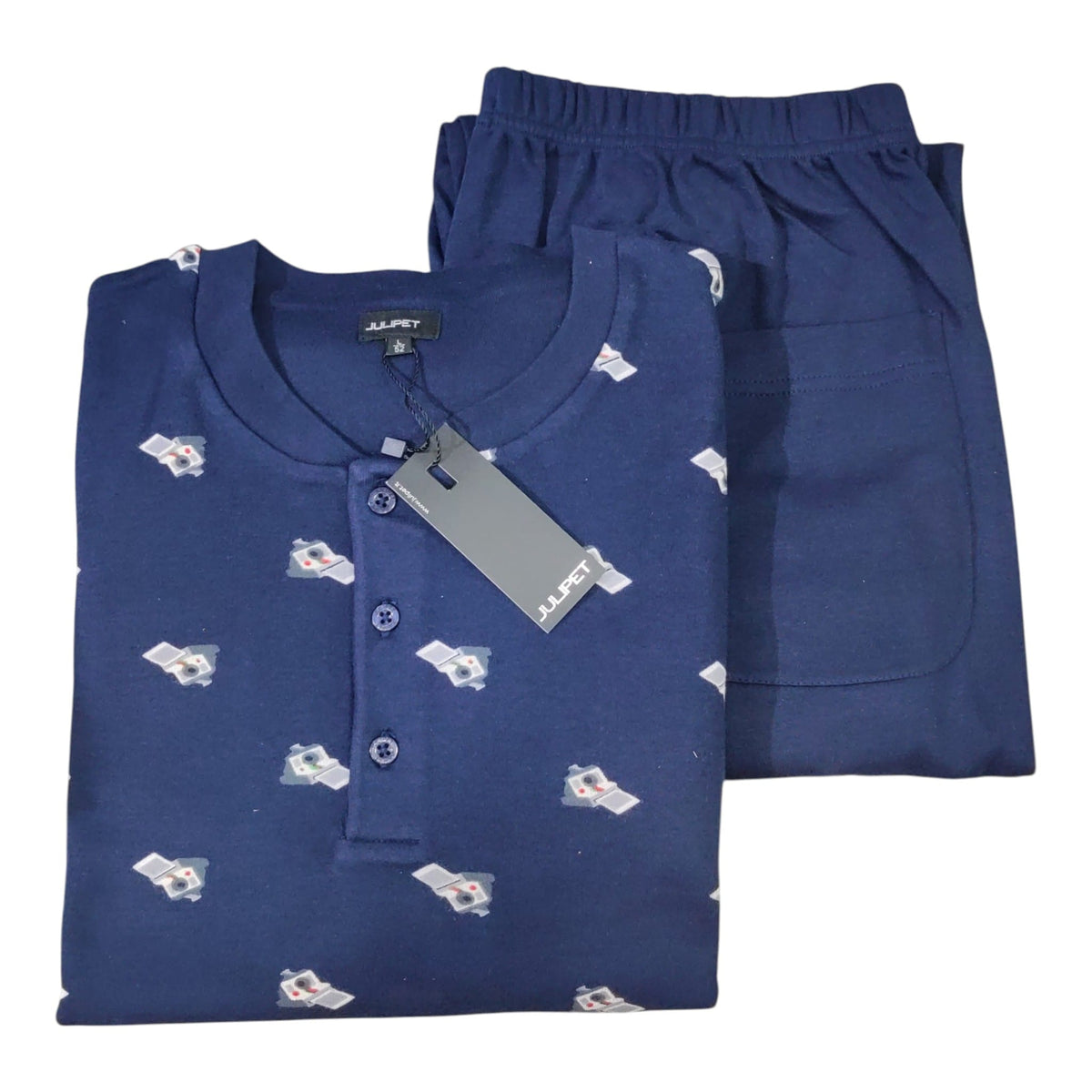 Pigiama uomo Julipet JAL913 Velletri blu 100% cotone fantasia Polaroid