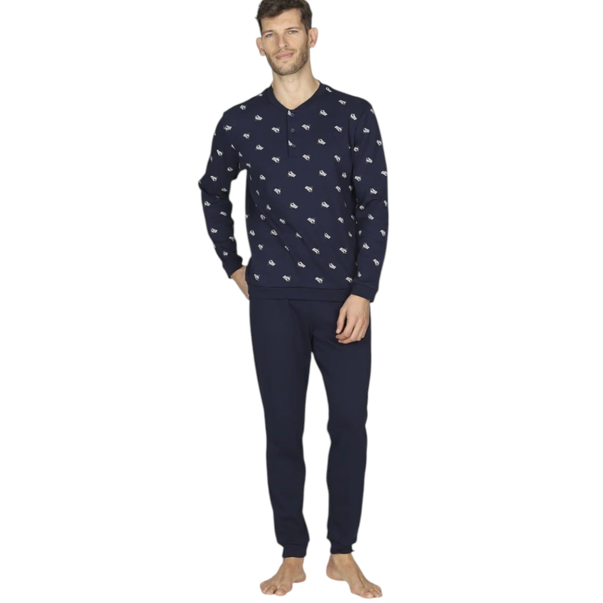 Pigiama uomo Julipet JAL913 Velletri blu con collo serafino indossato