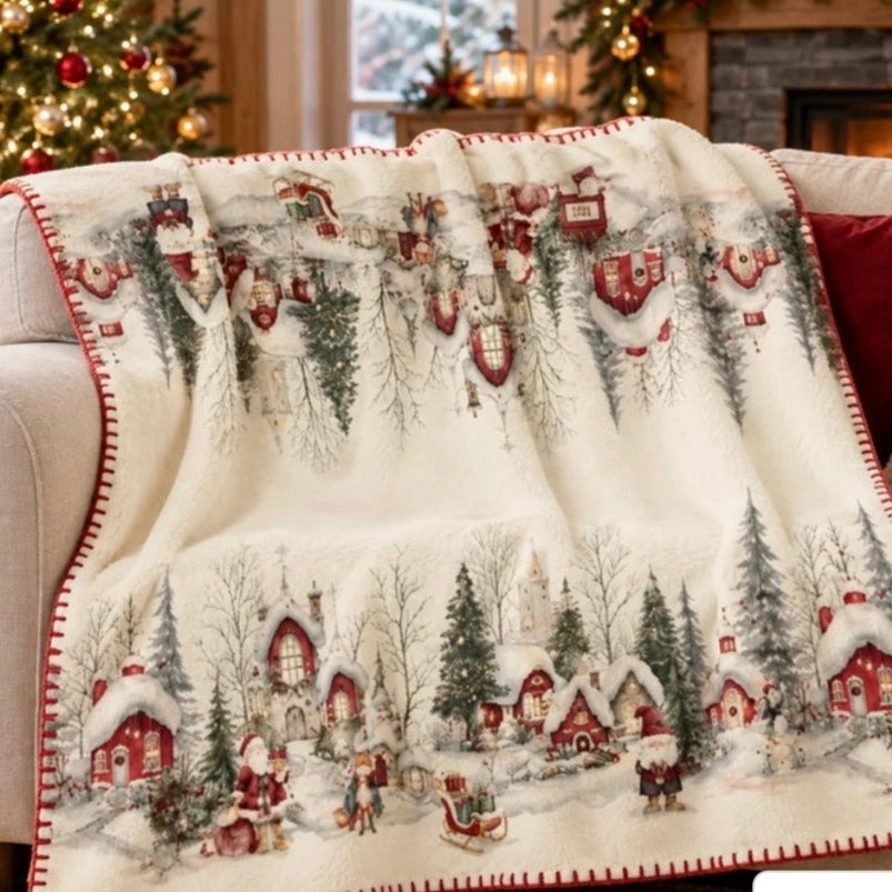 Plaid natalizio Magic Forest con casette innevate e abeti, disteso su un divano accanto all'albero di Natale.