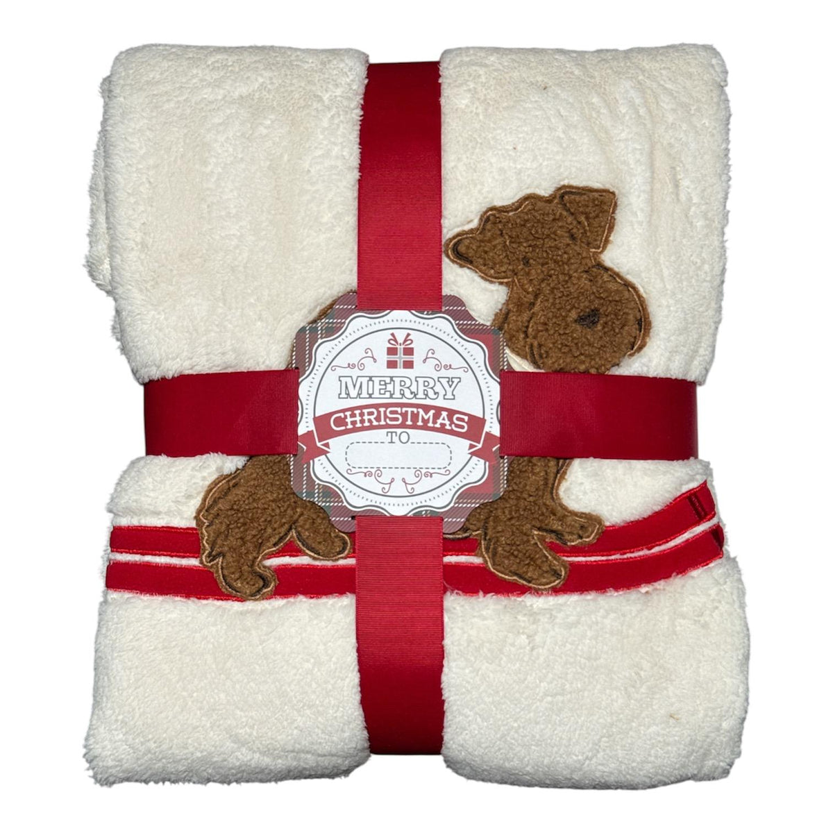 Plaid natalizio Maryplaid con applicazione di un cagnolino con sciarpa sugli sci