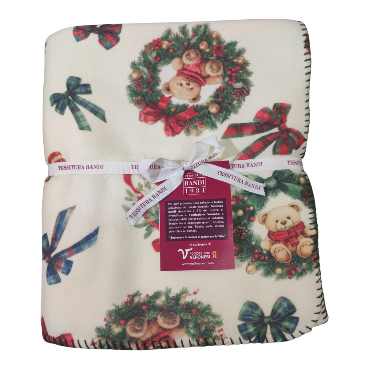 Plaid natalizio Teddy Bear Tessitura Randi 130x170 cm in pile avorio, con orsetti, ghirlande e fiocchi tartan.