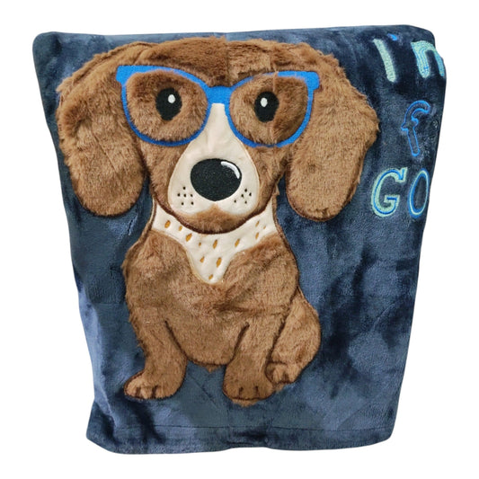 Plaid morbido ricamato Riviera Zoolie Otto 130x170 cm con cagnolino e occhiali blu