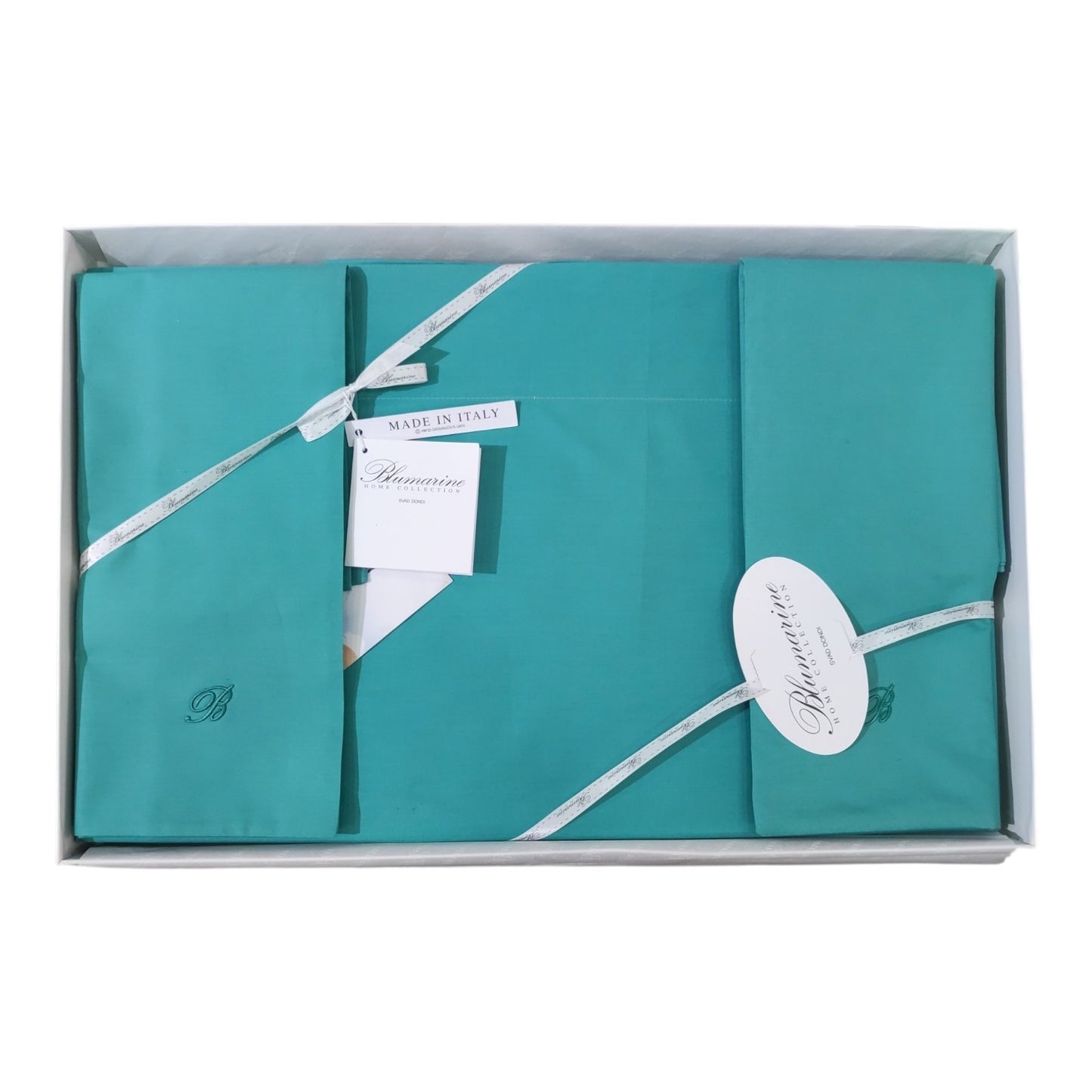 Completo lenzuola matrimoniale Blumarine Home Stile Blu in percalle di cotone 200 TC con federe a sacchetto e monogramma B ricamato