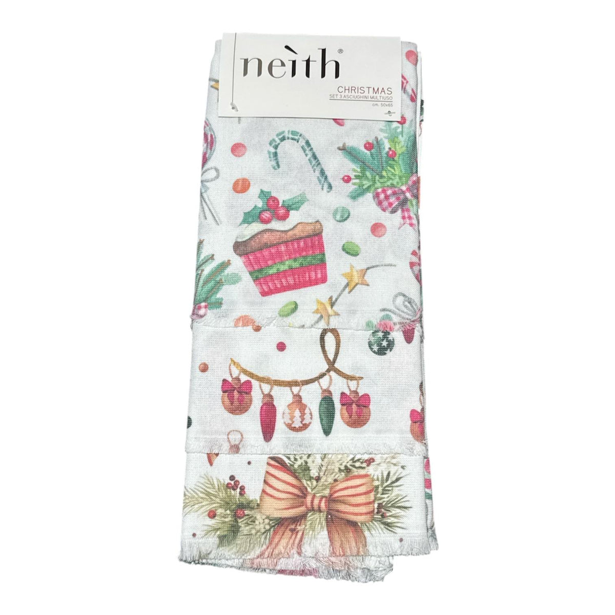 Set 3 strofinacci cucina natalizi Neith ME3430 con gnomi e agrifoglio