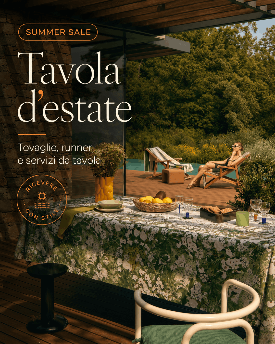 Tavola d’estate con tovaglia floreale, runner e servizi da tavola per i Saldi Estivi La Femina Home
