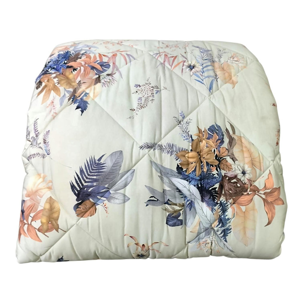 Trapunta matrimoniale DEA IF.23 in rasatello 270x270 cm con fantasia floreale blu, beige e pesca.