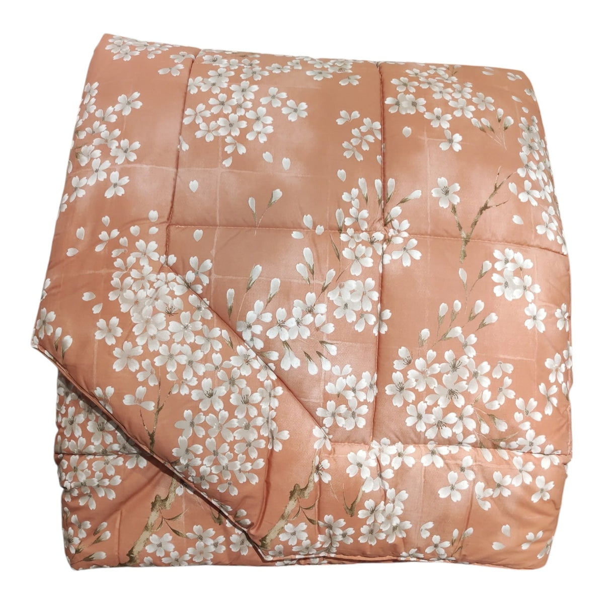 Trapunta matrimoniale Kimono Fazzini corallo con fiori bianchi