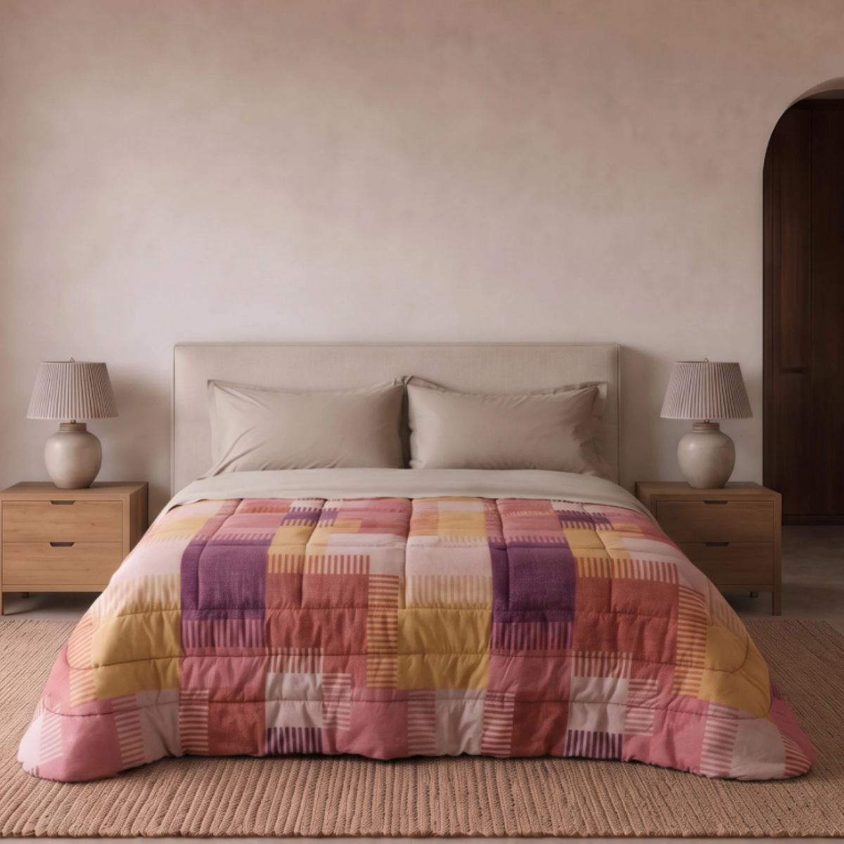 Trapunta Parker Riviera fantasia geometrica nei toni ruggine e rosa ambientata su letto